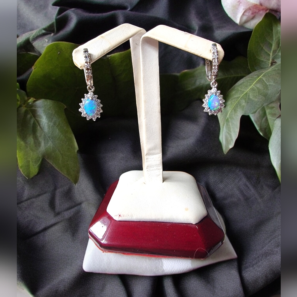 Dainty .925 Sterling Silver Pear Shaped Fire Blue Opal Dangle Earrings